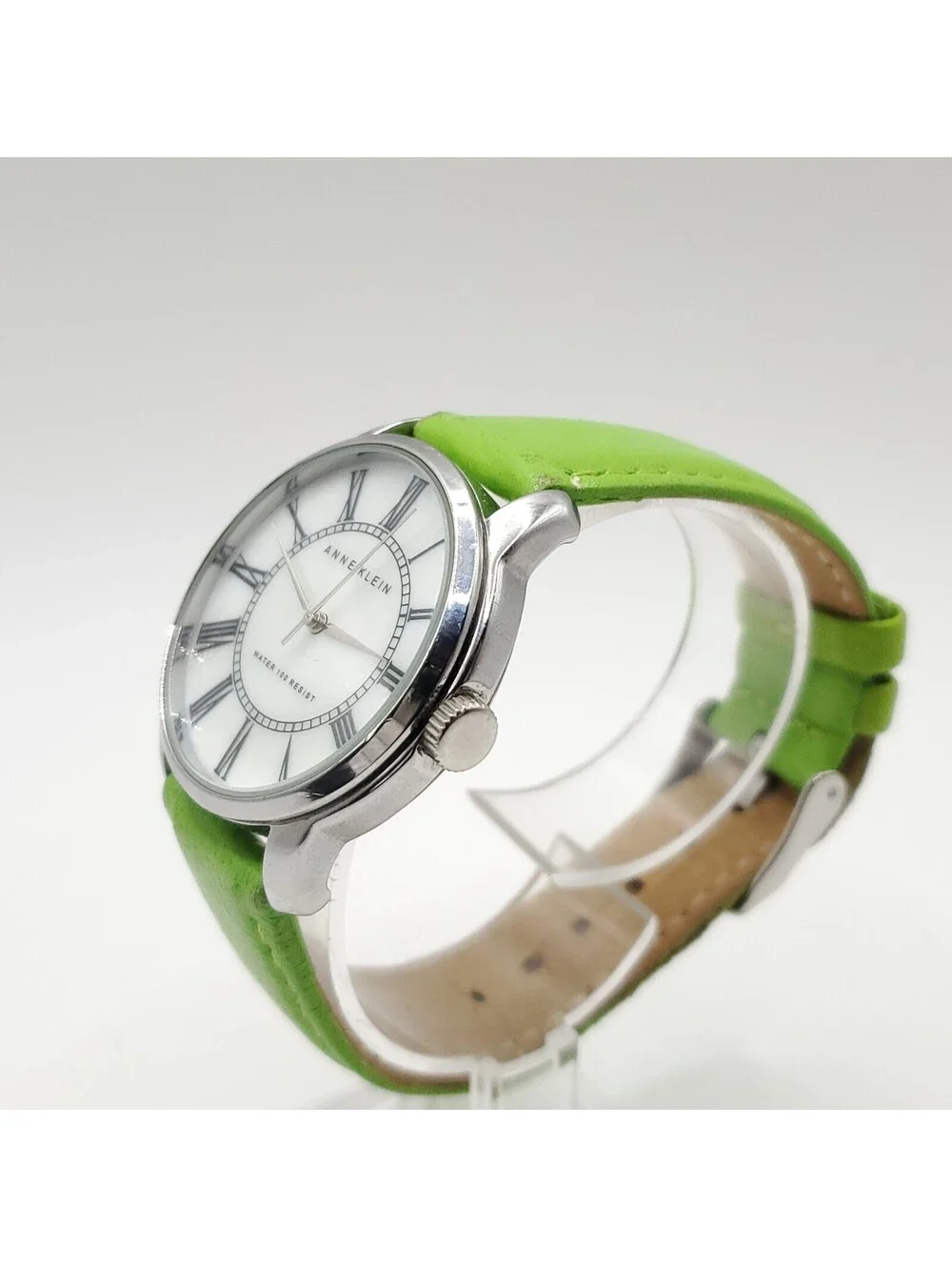 Anne Klein Women's Watch 36mm White Roman Numerals Dial Green Band New Battery